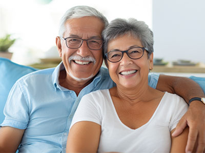 The image shows two older adults, an elderly man and woman, sitting closely together on a couch, smiling at each other with affectionate expressions. They appear to be enjoying a moment of companionship and happiness.