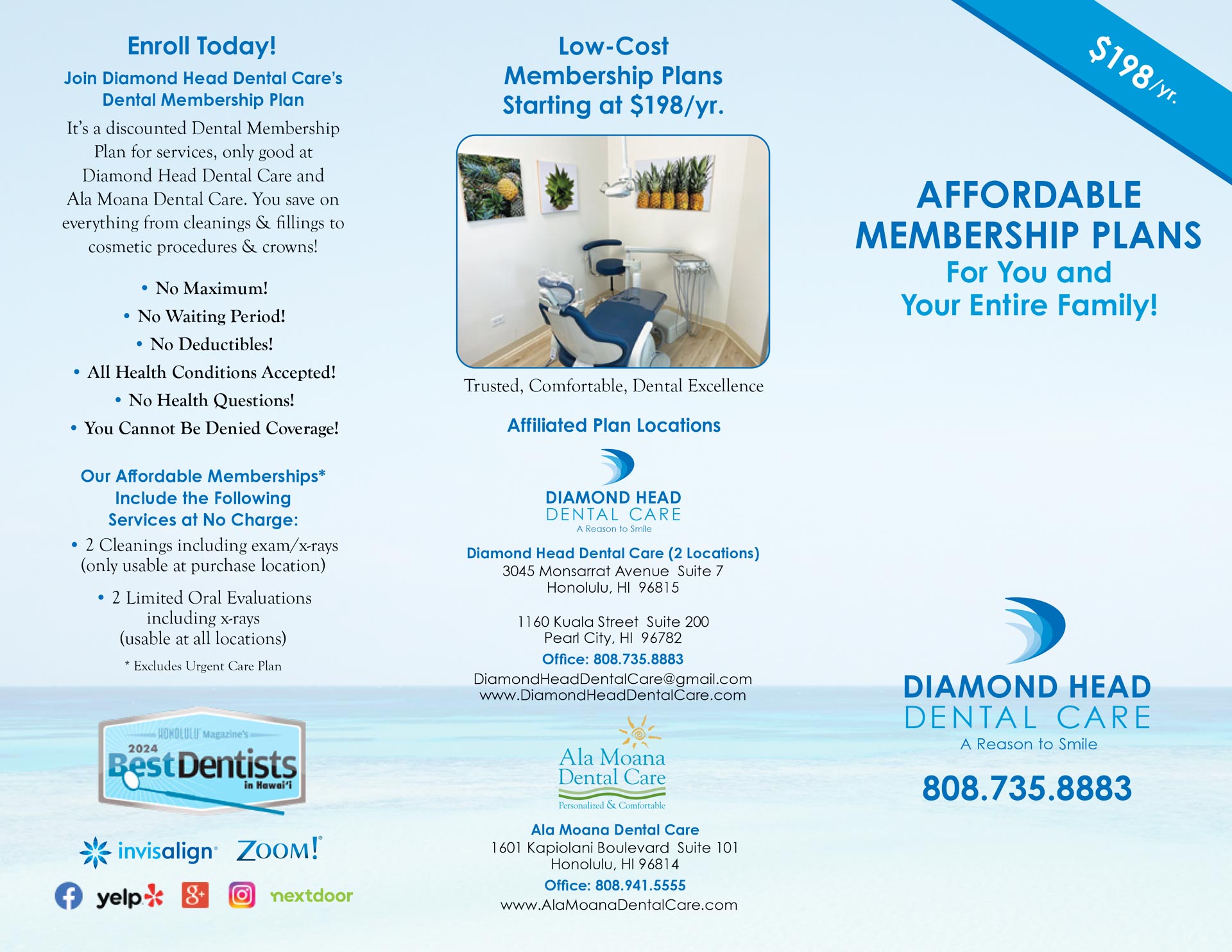 The image appears to be an advertisement for a dental membership plan, featuring a photograph of a dental office interior with a reception area and a sign indicating  Low Cost Membership Plans.