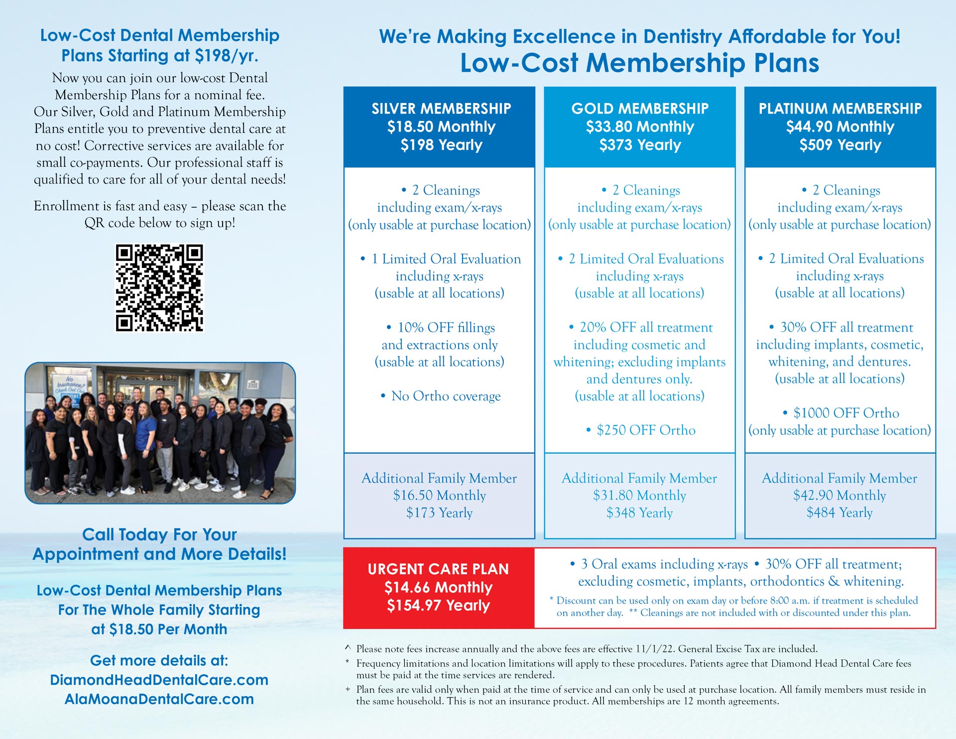The image is a promotional flyer advertising dental membership plans with various benefits such as low cost, gold membership, and additional services like cleanings and exams for an affordable price.