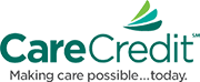 The image displays a logo with text that reads  CareCredit  above a stylized green leaf symbol, which appears to be associated with financial services or credit, set against a light background with a watermark-like design in the upper right corner.