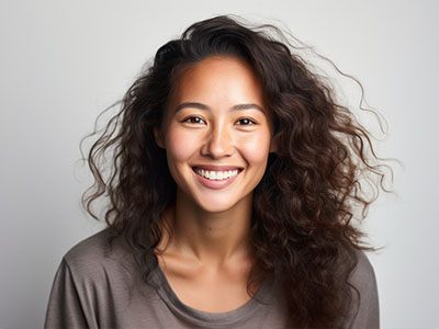 The image features a smiling woman with curly hair, looking directly at the camera.