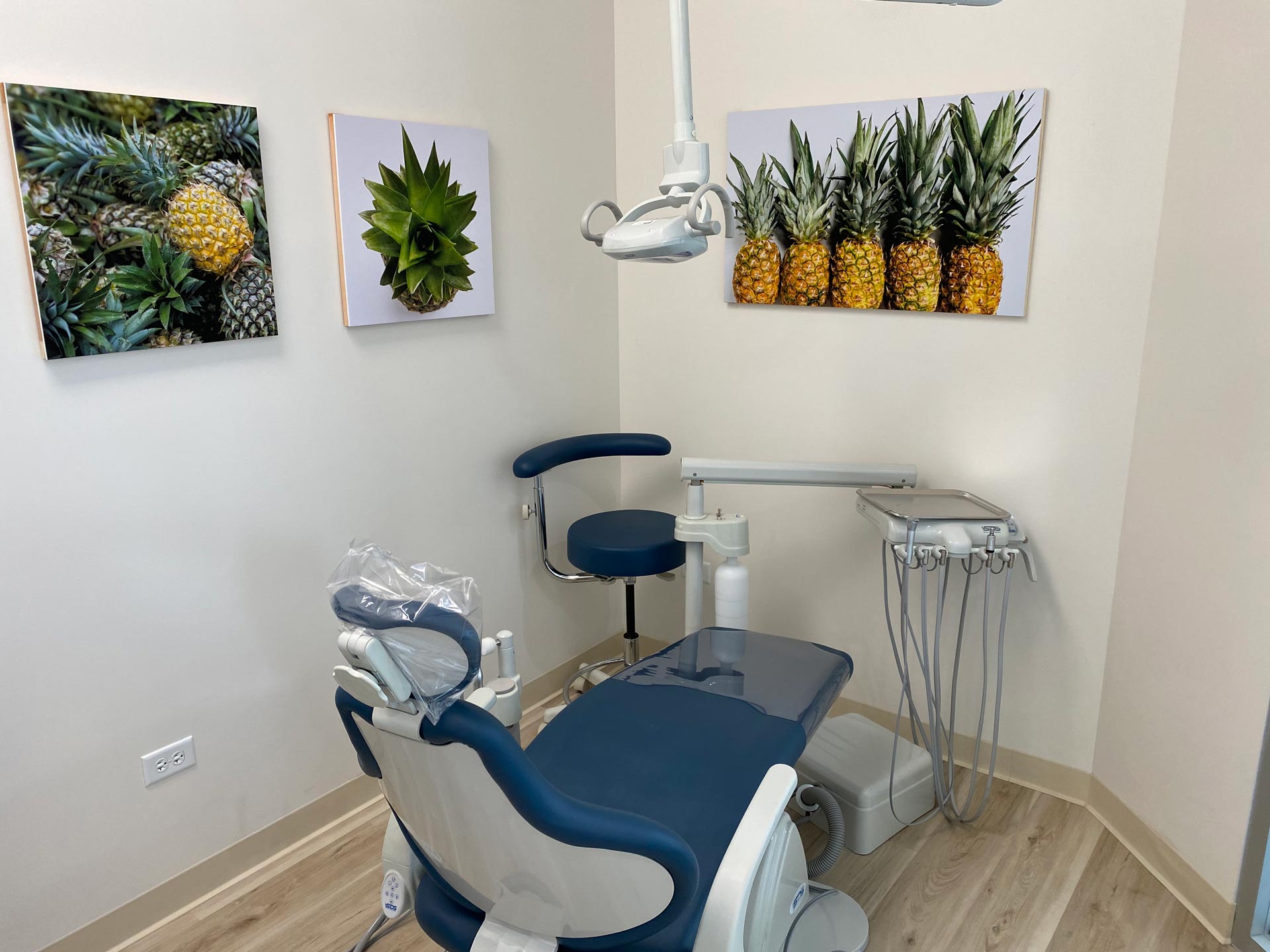 A dental office with a pineapple-themed decoration on the wall above the dentist s chair.