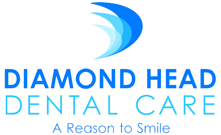 The image displays a logo with text that reads  Diamond Head Dental Care  above a graphic of a stylized bird, set against a blue background.