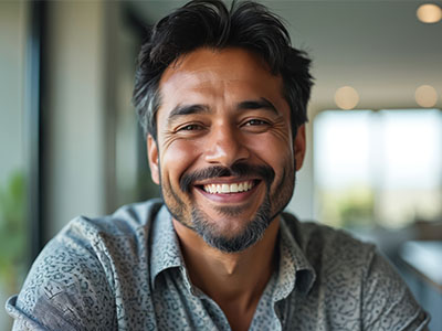 A man with a beard smiling at the camera while sitting indoors.