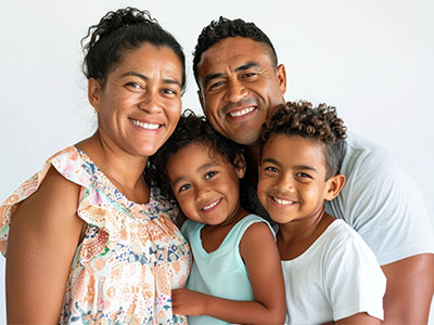 The image shows a family of four posing together with smiles, featuring an adult couple and two children.