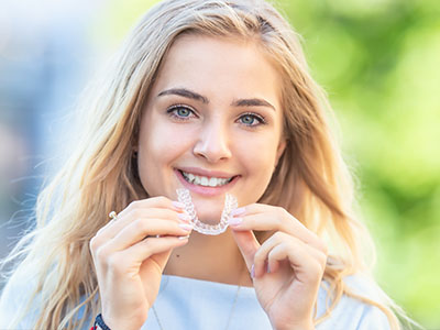 The image shows a young woman with braces smiling at the camera, holding a toothbrush in her hand.