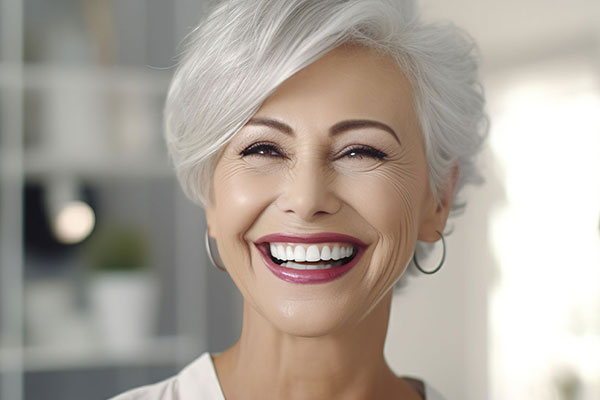 The image features a smiling woman with grey hair, wearing a white top, standing indoors with a bright smile, looking directly at the camera.